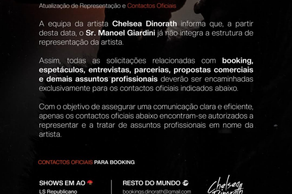 Chelsea Dinorath anuncia saída de Manoel Giardini da sua equipa de representação